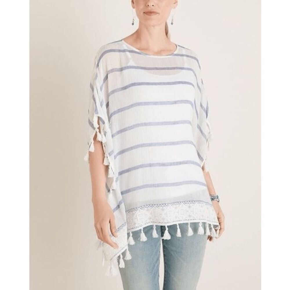 Chicos striped blue/white tassel trim poncho/kimono shirt/top cover up L/XL